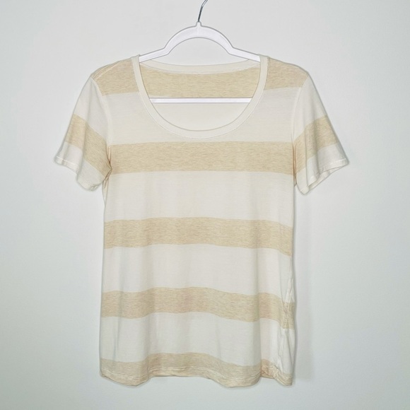 ❤️ LULULEMON White Beige Stripes Short Sleeves Shirt J40 - Picture 2 of 5